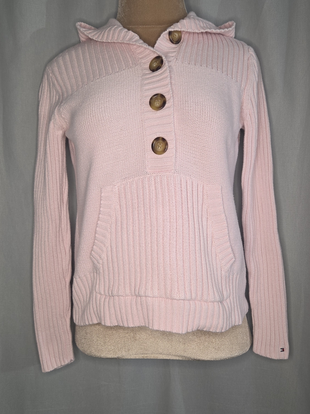 Tommy Hilfiger Y2K Pink Button-Up Hooded Knit Sweater Size Medium